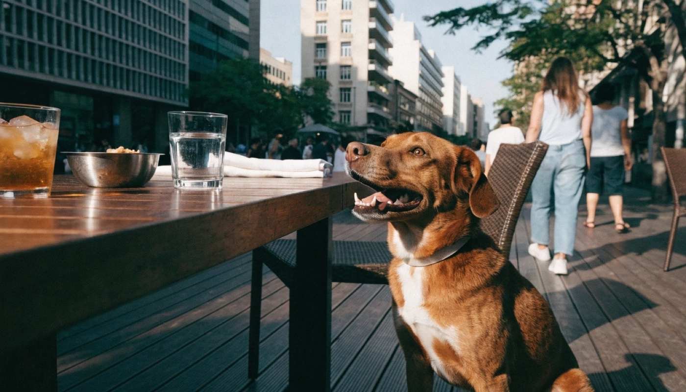 Cachorro sentado ao lado da mesa em restaurante pet friendly