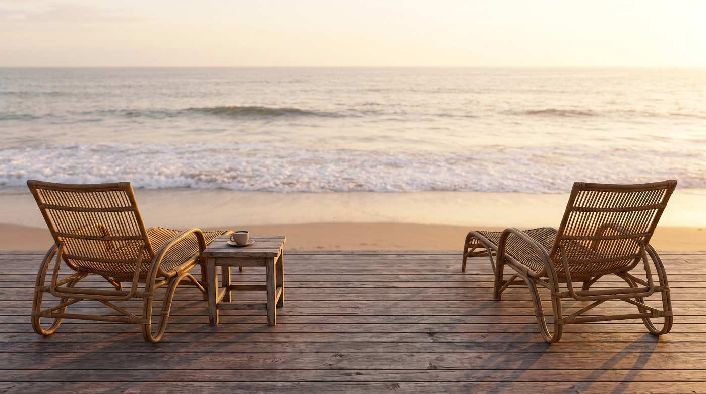 Duas espreguiçadeiras de vime em um deque de madeira à beira-mar, viradas em direções opostas, com uma xícara de café abandonada sobre uma mesinha, ao pôr do sol