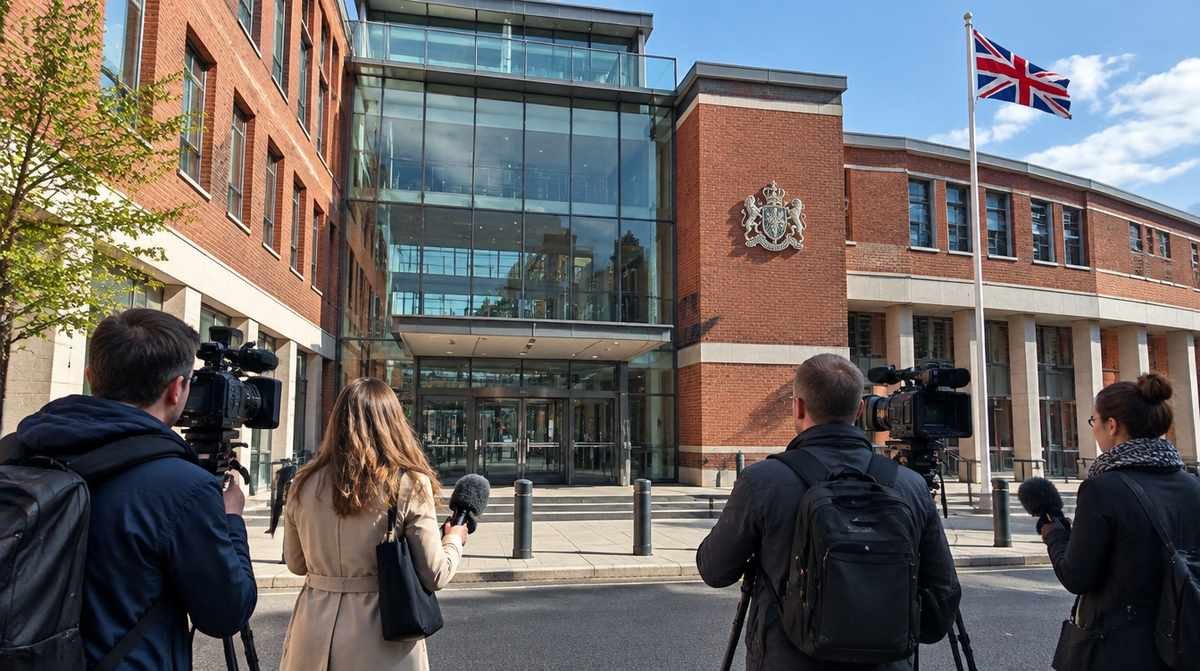 Equipes de TV com câmeras e microfones diante de um prédio de tribunal de tijolos e vidro em Londres, em dia de céu aberto