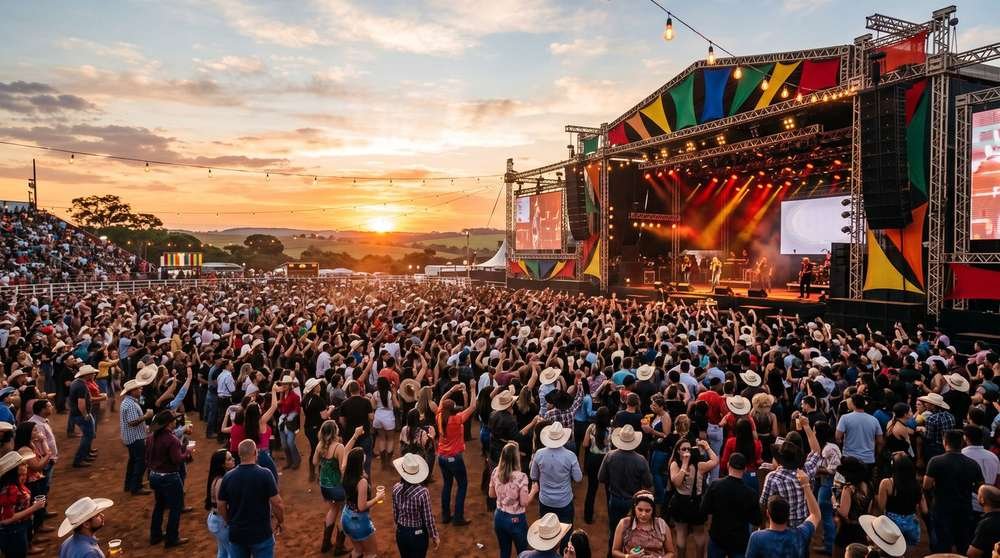 Show em festival country ao ar livre durante o pôr do sol, com multidão de chapéus e palco iluminado