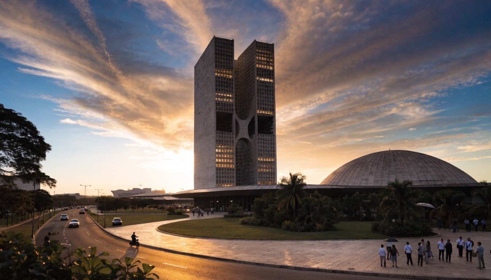 Fachada do Congresso Nacional ao entardecer, em Brasília