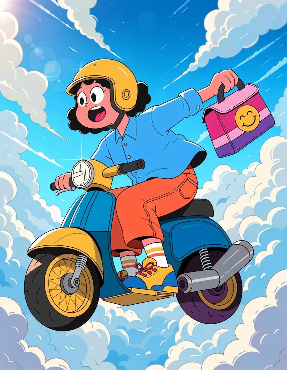 Ilustração de um entregador em uma scooter fazendo uma entrega impossível pelo céu, ao estilo do meme viral Amir (imagem ilustrativa)