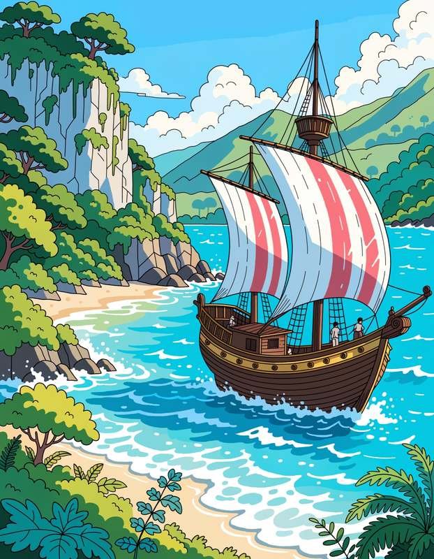 Ilustração de uma caravela chegando à costa brasileira, referência histórica usada no meme "Cheguei Brasil" (imagem ilustrativa)