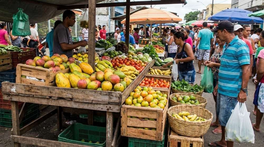 Barraca de feira livre com frutas e verduras frescas