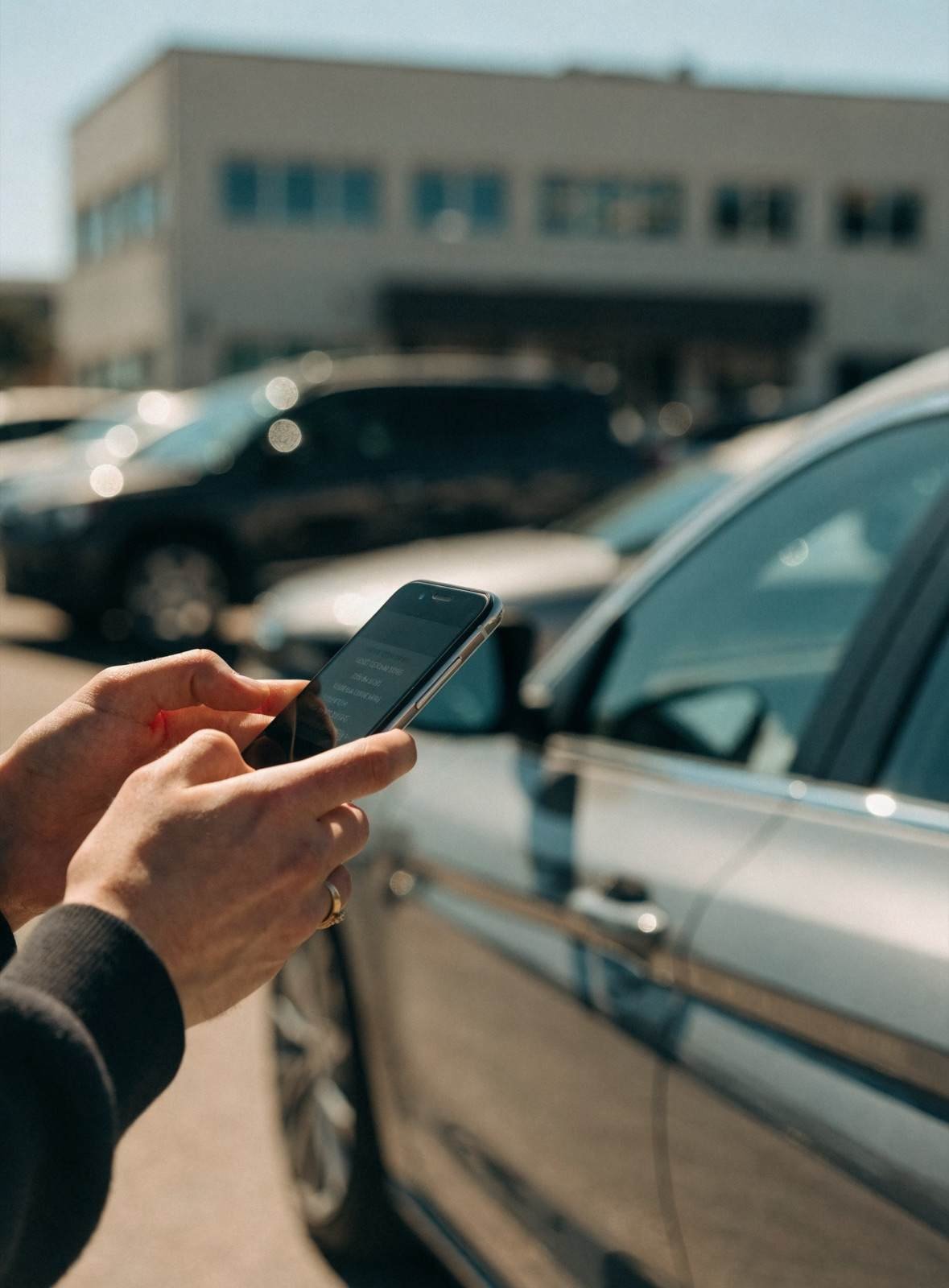 Pessoa consultando o preço de um carro pelo celular em um estacionamento (imagem ilustrativa)