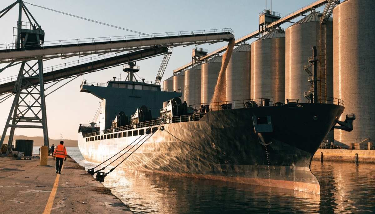 Navio cargueiro sendo carregado em porto graneleiro ao entardecer